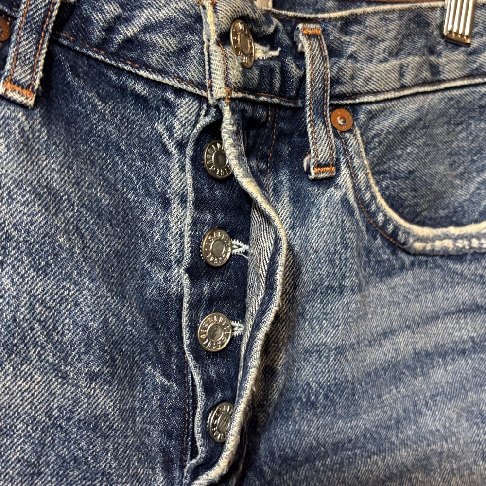 Agolde Blue Distressed Denim Cutoff Shorts - Picture 4 of 10